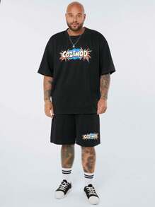 Manfinity VCAY 2pcs/Set Plus Size Men's Casual Logo Printed Loose Drop-Shoulder Round Neck Short Sleeve T-Shirt With Waist Drawstring Straight Shorts Suit, Summer - Black - View 5