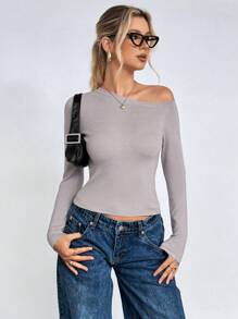SHEIN Unity Women's Asymmetric Shoulder Neckline Design Long Sleeve Slim-Fit Gentle Charm Gentle Knit Sweater, Knit Pullover Fall Winter - Grey - View 5