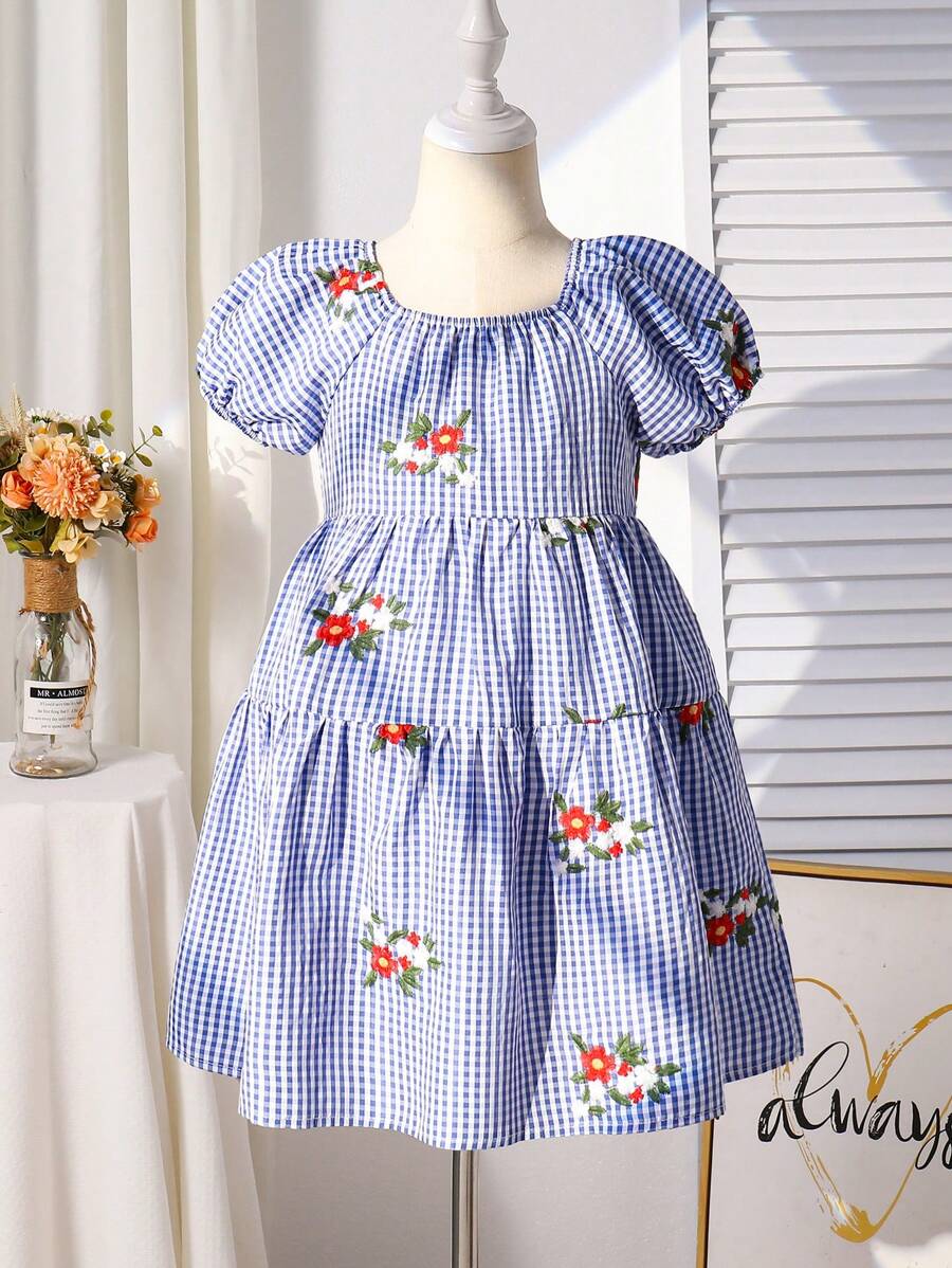 SHEIN Young Girl Gingham Floral Embroidered Dress,Blue Summer Fairy Party,White Plaid Pattern,Red Flower & Green Leaves Decor,Soft Breathable Fabric,Holiday - Multicolor - View 1