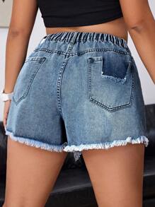 SHEIN EZwear Quần short denim thông thường viền sờn có kích thước lớn dành cho nữ - Rửa nhẹ - Xem 3