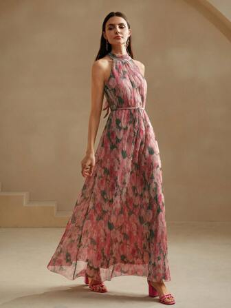 Anewsta 蓝色褶皱印花长款连衣裙，优雅的感恩节女士装扮