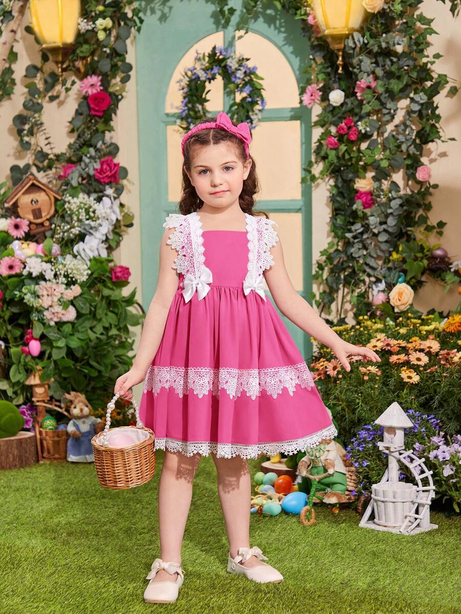 SHEIN Leap Crew Young Girl Lovely Princess Style Square Neckline Dress Decorated With Bowknot And Lace, With Bowknot Headband, 2pcs/Set - Hot Pink - View 1