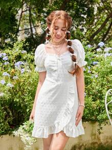 SHEIN Vestido corto de verano blanco con mangas abullonadas y lindos detalles de encaje para adolescente - Blanco - Ver 2