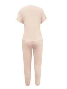 INAWLY 女士春夏季純色短袖T恤和長褲2件套休閒套裝 - 杏色 - 查看 2