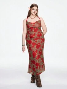 ROMWE Vestido con estampado de leopardo y cuello redondo de talla grande con falda acampanada - Rosa Roja - Ver 6