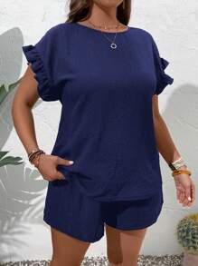 EMERY ROSE Plus Size Women Solid Color Round Neck Top And Shorts Casual Daily 2 Pieces Set - Navy Blue - View 5