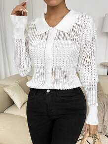 SHEIN LUNE Camisa feminina casual sólida com lapela Vazada, camisa de manga longa com botões, ideal para férias. - Branco - Visão 3