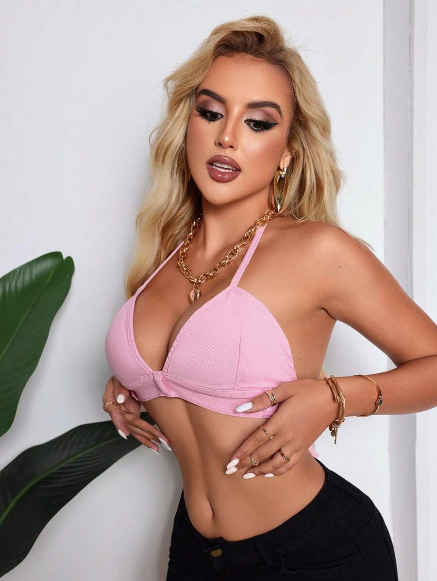 SHEIN SXY 女性純色簡約日常牛仔上衣 - 粉色 - 查看 1