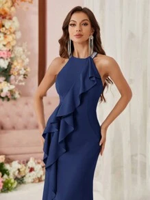 SHEIN Belle Women's Sleeveless Round Neck High Low Hem Ruffle Fish Tail Cocktail Dress (Heavy Model) With Front Slit Design Elegant Formal Evening Prom Wedding Guest Gown, For Graduation, Dinner - Navy Blue - View 2
