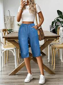 SHEIN LUNE Women's Denim Effect Silver Coated Capri Pants - Blue - View 5