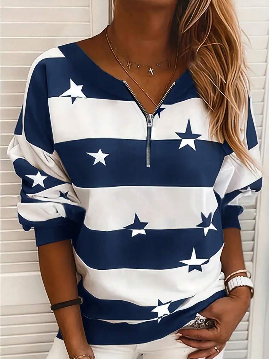 SHEIN Unity Spring And Autumn Casual Color-Block Striped Sweatshirt With Star Print Pullover Fall Sweatshirt - Blue - View 1