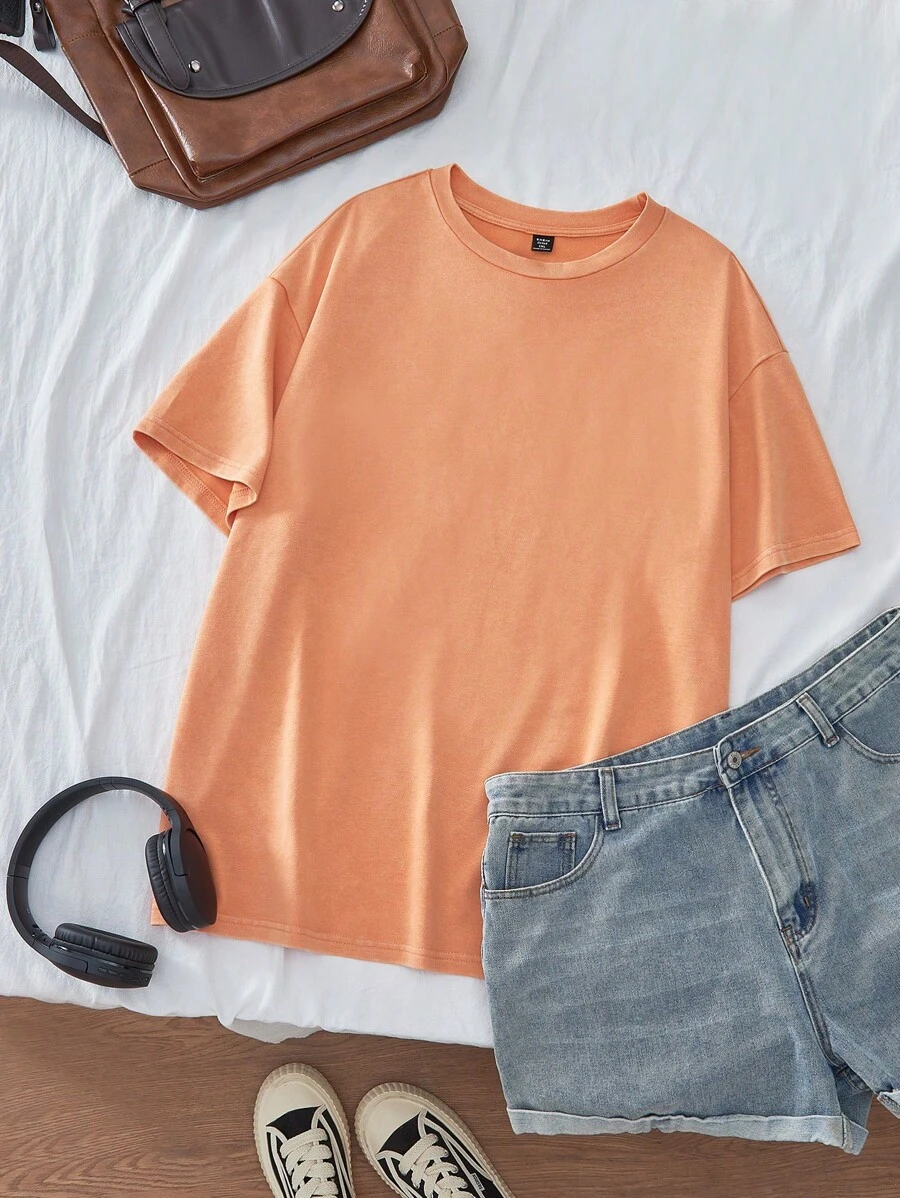 SHEIN EZwear Plus Size Acid Washed Look Vintage Knitted Distressed Loose Fit Short Sleeve T-Shirt - Orange - View 1