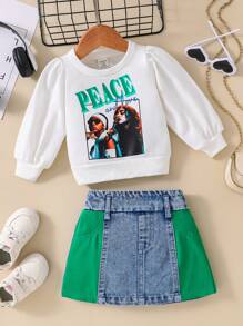 寶寶女孩長袖衛衣和牛仔拼接裙套裝，秋季 - 白色 - 查看 3