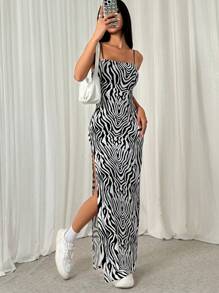 SHEIN EZwear 女士大腿高側開叉全印花無袖連衣裙 - 黑與白 - 查看 4