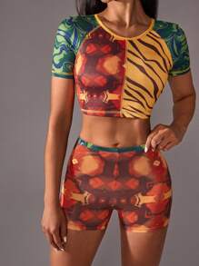 VARSITIE 夏季運動基礎印花衝浪服，胸前杯狀設計，附工作頂 - 彩色 - 查看 5