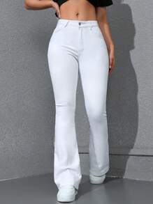 SHEIN EZwear Calça Jeans Feminina Micro-Flare em Cor Sólida para Uso Diário Simples - Branco - Ver 5