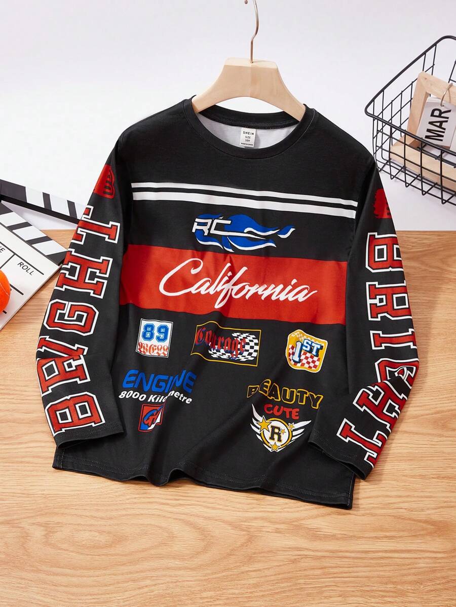 SHEIN Leap Crew Tween Boy Sports Car Printed Long Sleeve T-Shirt - Black - View 1