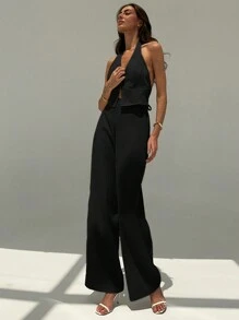Aloruh 女士黑色夏季性感时尚夜间外出V领露背无袖上衣和阔腿裤套装，亚麻两件套通勤套装，打造街头风造型 - 黑色 - 查看 4