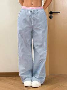 SHEIN EZwear Pantalones anchos tejidos con rayas azules y cuadros rosas de estilo informal para mujer con ajuste holgado