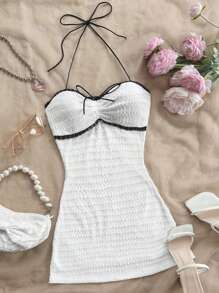 Soleia 白色針織紋理彈性帶蕾絲浪漫休閒度假女裝連衣裙，夏季裙子