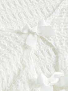 SHEIN X KeniaOs SHEIN ICON 前开襟荷叶边袖蝴蝶结细节短款 T 恤 - 白色 - 查看 7