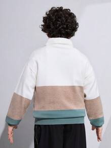 SHEIN Sudadera de punto para niño preadolescente de talla extendida con bloqueo de color y botones falsos - Multicolor - Ver 2