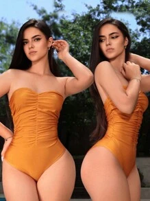 VaVaBold Women's Solid Color Pleated Strapless Orange Bodysuit For Beach Vacation In Summer - Orange - View 1