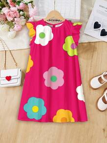 SHEIN ModeFlare Wear Tween Girl's Casual Simple Cartoon Flower Pattern Ruffle Sleeve Dress, Suitable For Summer - Multicolor - View 1