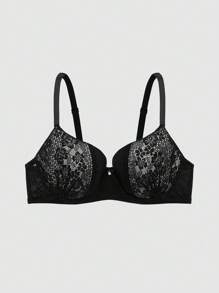 Romantic Lace Splice Push-Up Bra With Underwire And Side Support For Plus Size Women, 1pc - Black - View 2