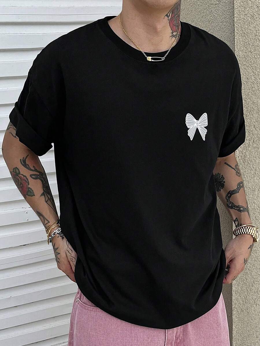 DAZY Men's Casual Butterfly Print T-Shirt For Summer - Black - View 1