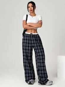 SHEIN EZwear Pantalones anchos y sueltos de mujer talla grande con bloqueo de color en la cintura y estampado a cuadros