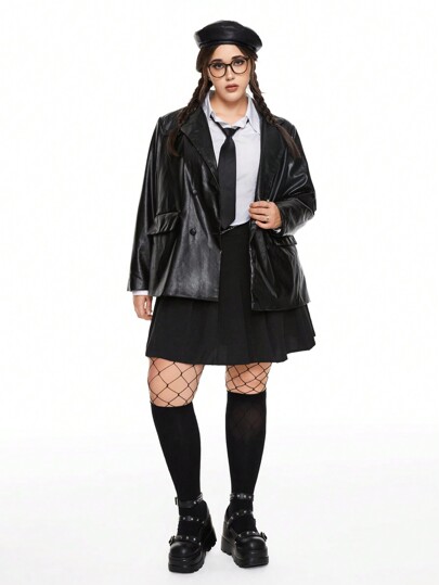 Academia Plus Size College Style Back To School PU Leather Loose Straight Tube Jacket