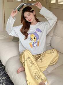 DAZY Cute Cartoon Pattern Printed Round Neck Long Sleeve Top And Pants Set - Yellow - View 1