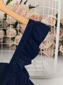 SHEIN Clasi Vestido veraniego casual en unicolor vintage con ribete de volantes para tallas grandes - Azul Marino - Ver 3