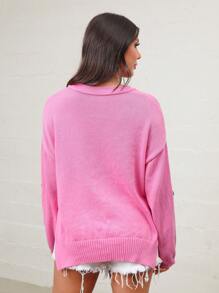 SHEIN LUNE Fashionable Pink Cardigan Sweater With Buttoned Cuffs And Thin Knit - Pink - View 2