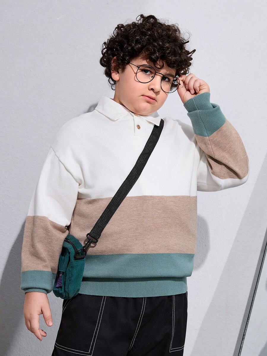 SHEIN Sudadera de punto para niño preadolescente de talla extendida con bloqueo de color y botones falsos - Multicolor - Ver 1