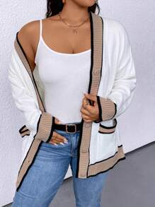 SHEIN LUNE Plus Size Women's Color Block Simple Daily Long Sleeve Cardigan - Multicolor - View 1