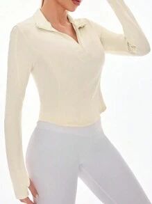 SHEIN Sports Women's Solid Color Zipper Half Placket Long Sleeve Slim Fit Yoga Sports Sweatshirt - Apricot - View 3