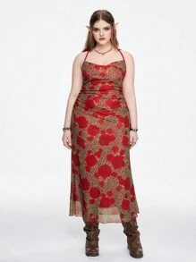 ROMWE Vestido con estampado de leopardo y cuello redondo de talla grande con falda acampanada - Rosa Roja - Ver 1