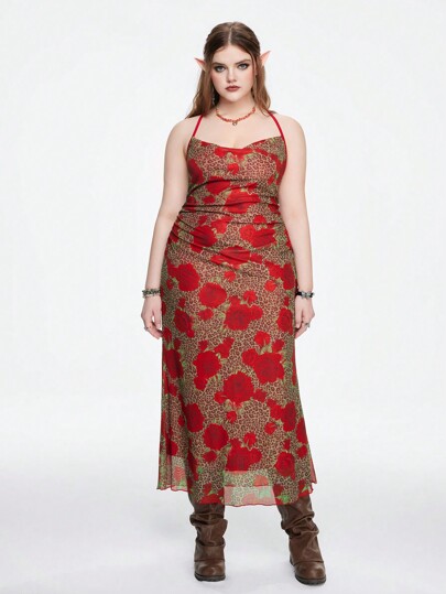 Plus Size Leopard Print Round Neck Flare Dress