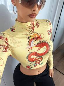SHEIN ICON Áo thun cổ đứng hở lưng lưng dài in họa tiết Y2K hình rồng mùa thu hở lưng - Màu vàng - Xem 5