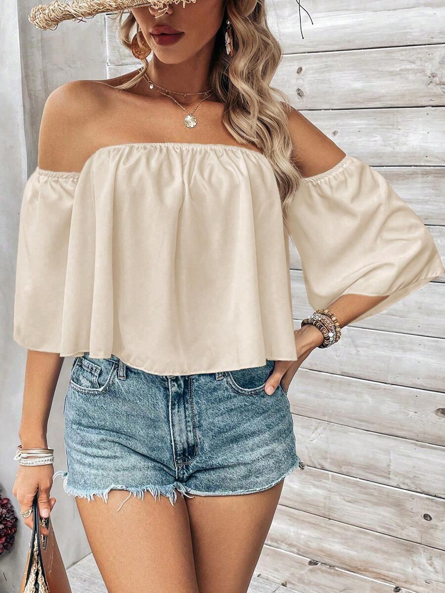 Breezaya Women's Plain And Simple Off The Shoulder Daily Blouse,Short Sleeve Tops - Apricot - View 1