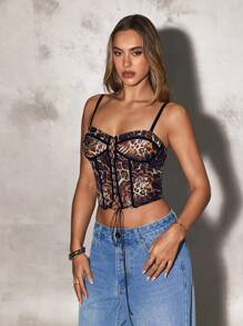 SHEIN BAE 女士时尚豹纹交叉短款细肩带上衣，夏季 - 彩色 - 查看 6