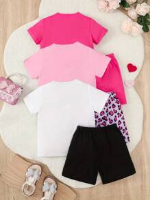 Sparklyn 3pcs/Set Tween Girls' Casual Cute Leopard Print Heart Camera Flower Letter Printed Short Sleeve T-Shirt And Basic Shorts Set, School, Campus, College - Multicolor - View 2