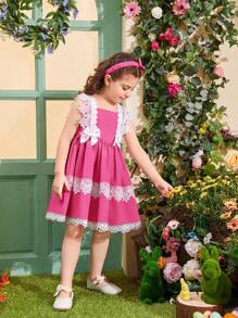 SHEIN Leap Crew Young Girl Lovely Princess Style Square Neckline Dress Decorated With Bowknot And Lace, With Bowknot Headband, 2pcs/Set - Hot Pink - View 5