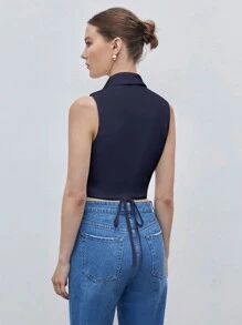 SHEIN BIZwear 女式純色無袖衫，搭配西裝領，夏季款 - 藏蓝色 - 查看 5