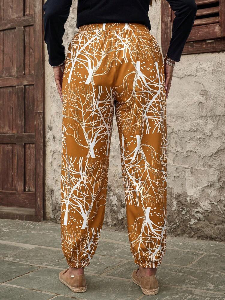 プラスサイズ レディース リラックスボタニカル柄ジョガーパンツ ポケット付き