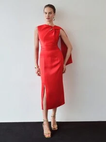 MOTF PREMIUM FITTED WAIST SPLIT SIDE DRESS - Red - View 3