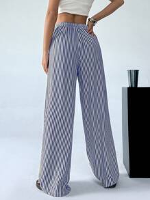 SHEIN EZwear 女士休閒條紋闊腳褲，設有束口腰帶 - 藏蓝色 - 查看 2