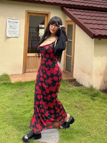 Flirla Robe à fines bretelles slim à imprimé floral mode grande taille et gilet à manches longues de couleur unie 2 pièces/set - Noir - Voir 3